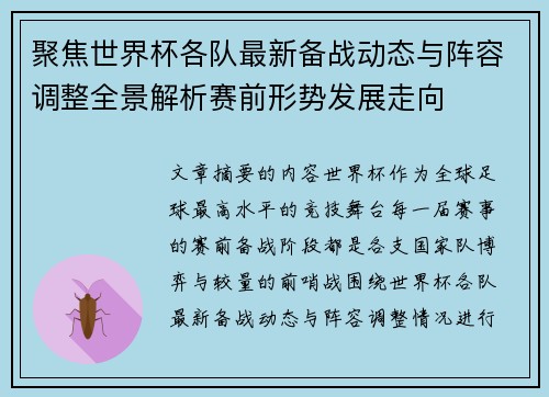 聚焦世界杯各队最新备战动态与阵容调整全景解析赛前形势发展走向 聚焦世界杯各队最新备战动态与阵容调整全景解析赛前形势发展走向